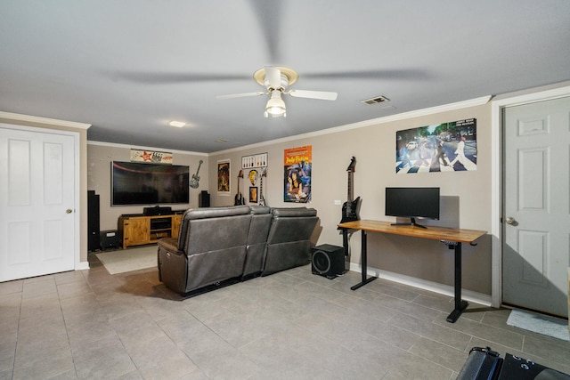 tiled living room featuring visible vents, crown molding, baseboards, and ceiling fan