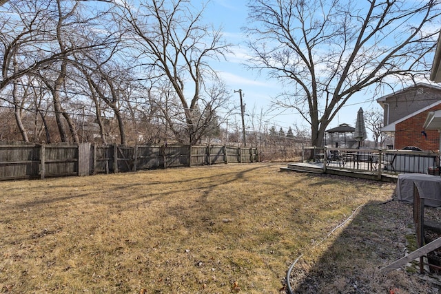 view of yard featuring a fenced backyard and a wooden deck