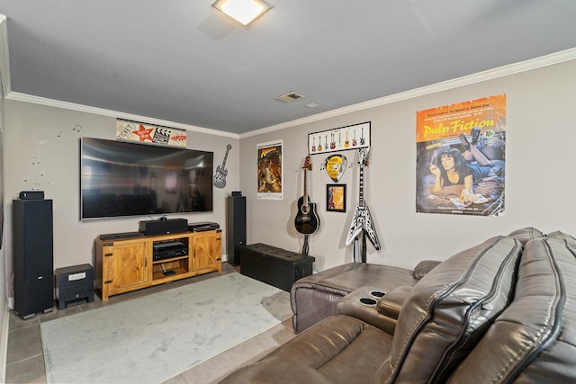 living area featuring light tile patterned floors, visible vents, and crown molding