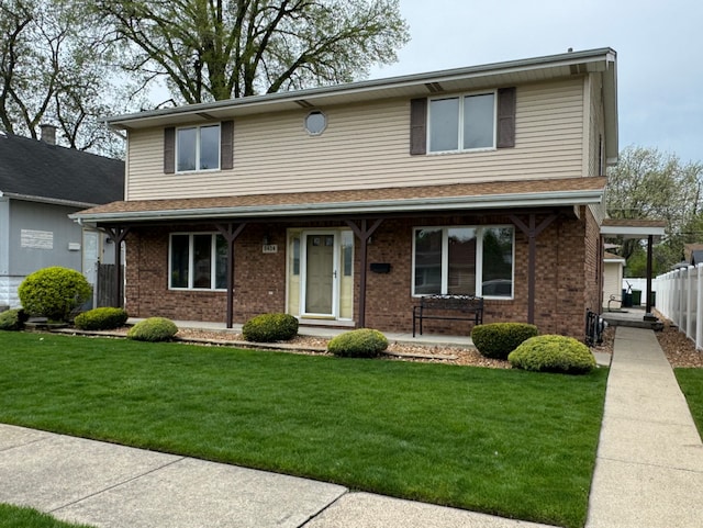 view of property featuring covered porch and a front yard