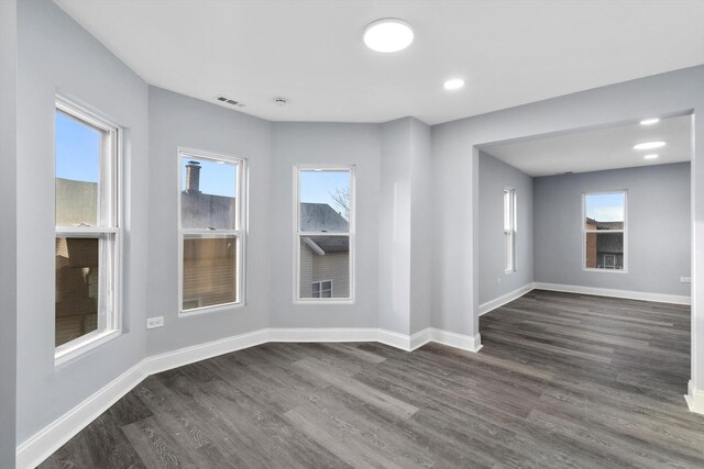 empty room featuring a healthy amount of sunlight and dark wood-type flooring