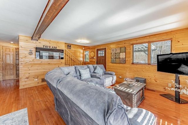 1756 Winaki Trl, Algonquin, IL 60102 - living room with wooden walls, hardwood / wood-style floors, stairs, and beam ceiling