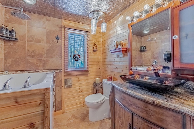 1756 Winaki Trl, Algonquin, IL 60102 - bathroom with vanity, a tile shower, toilet, tile patterned floors, and an ornate ceiling