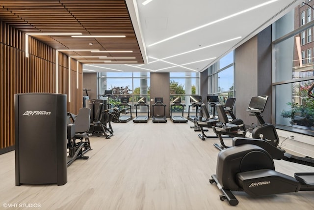 exercise room with expansive windows and light hardwood / wood-style floors