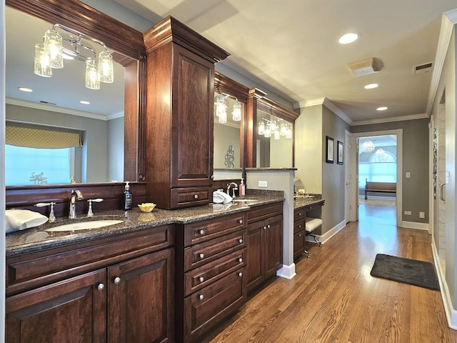 bathroom with hardwood / wood-style flooring, ornamental molding, and vanity