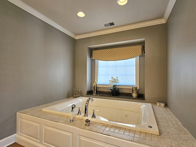 bathroom featuring crown molding and a tub to relax in