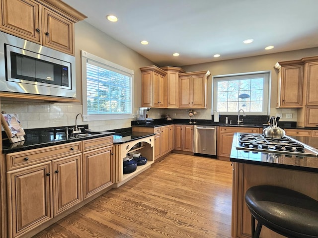 kitchen with appliances with stainless steel finishes, sink, a wealth of natural light, and light hardwood / wood-style floors