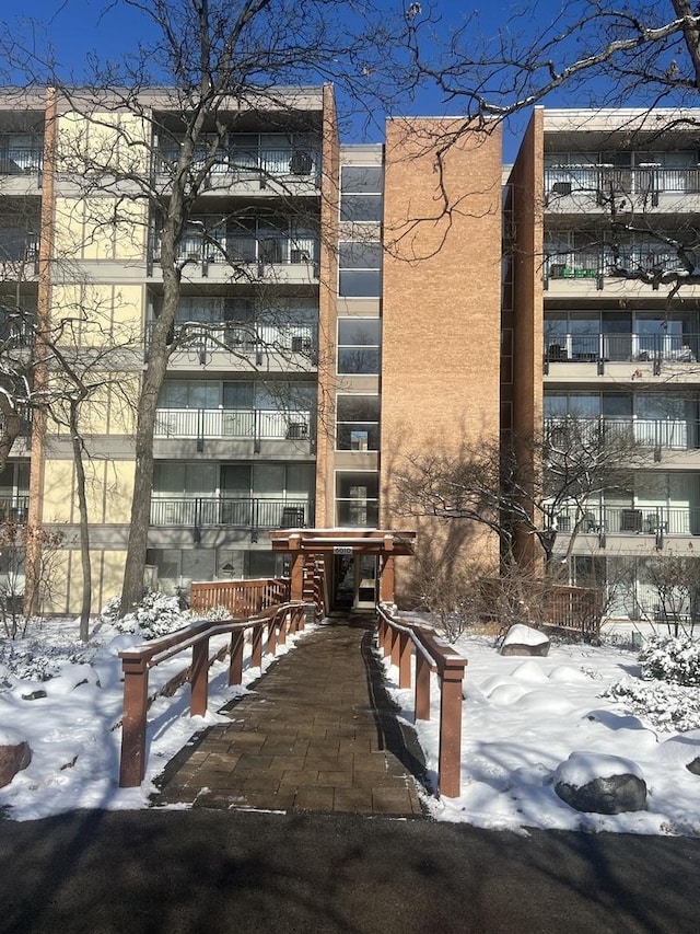 view of snow covered building