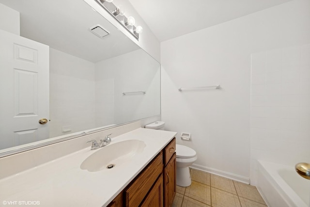 bathroom with visible vents, baseboards, toilet, and vanity