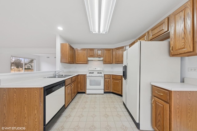 kitchen with brown cabinetry, white appliances, under cabinet range hood, and a sink