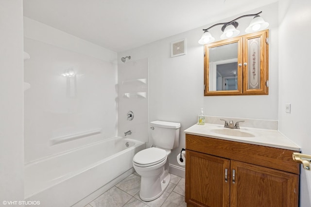 full bathroom with visible vents, toilet,  shower combination, and vanity