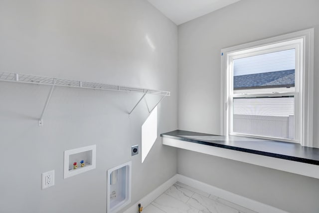 1713 Littlefield Ln, Mahomet, IL 61853 - clothes washing area featuring hookup for a washing machine, baseboards, hookup for an electric dryer, and light marble finish flooring
