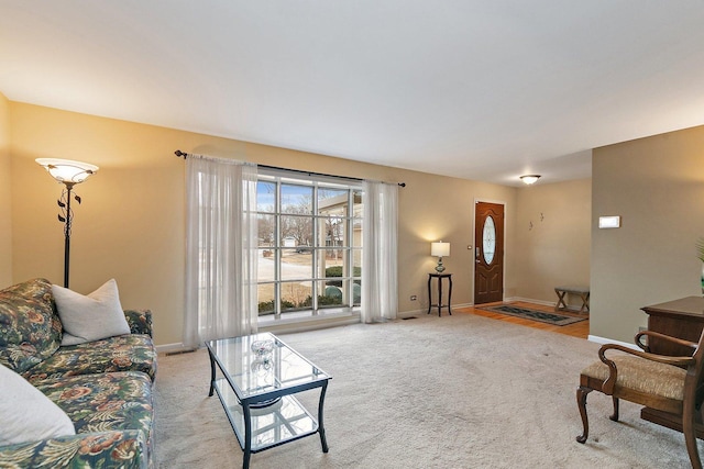 living room featuring light carpet