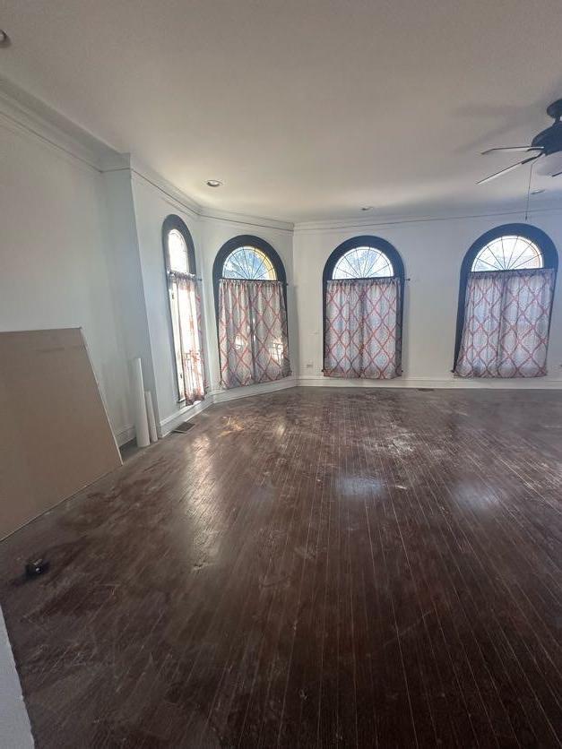 spare room featuring crown molding, wood-type flooring, ceiling fan, and plenty of natural light