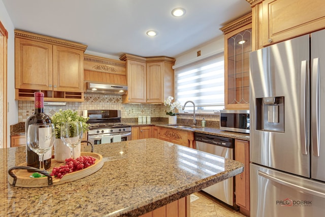 kitchen with light stone counters, sink, backsplash, and stainless steel appliances