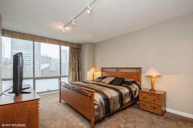 carpeted bedroom featuring track lighting