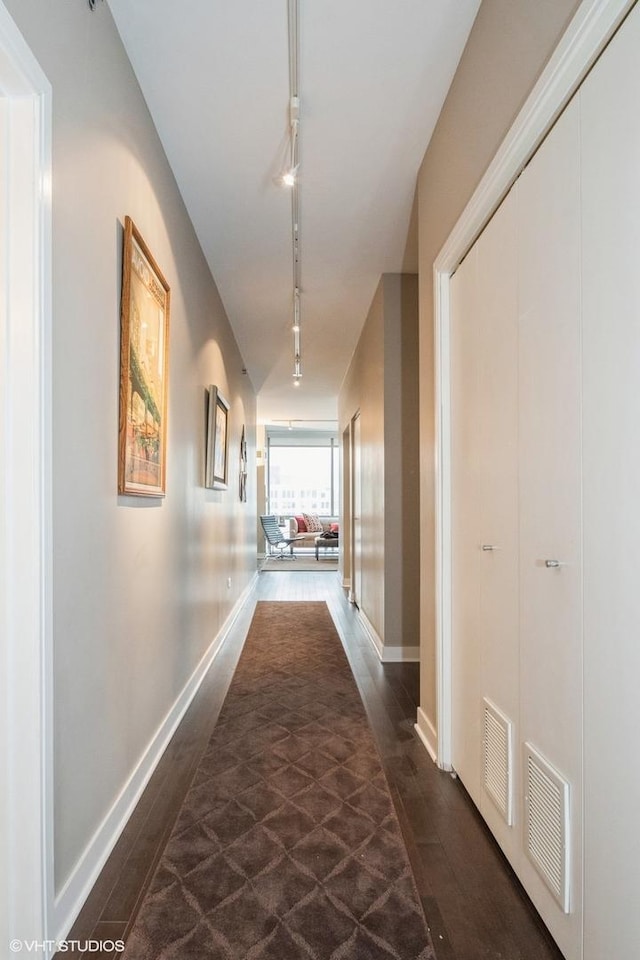 hallway with rail lighting and dark hardwood / wood-style floors