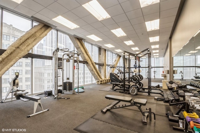 gym with a paneled ceiling and expansive windows