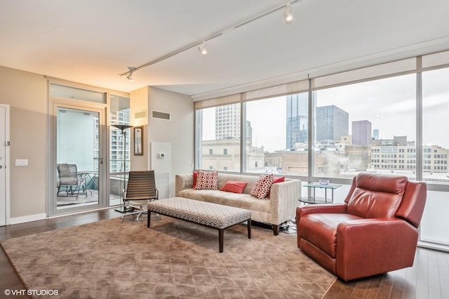 living room featuring a wall of windows, wood-type flooring, and rail lighting