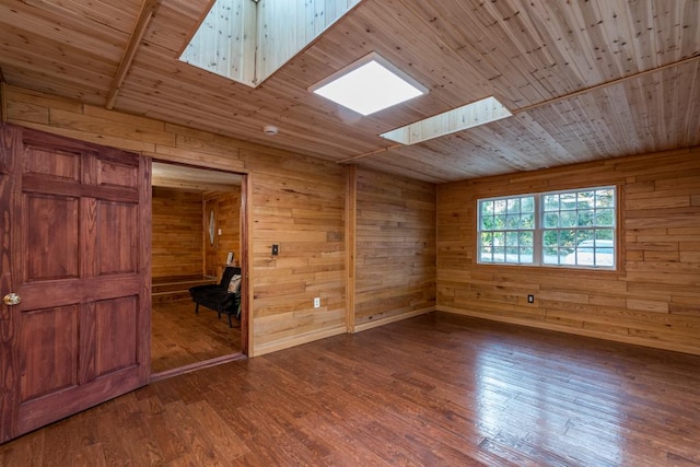 empty room featuring a skylight, wood-type flooring, wooden ceiling, and wooden walls