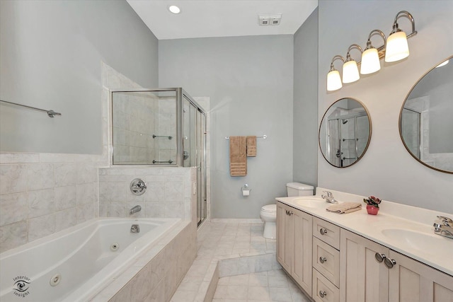 full bathroom with visible vents, a sink, a jetted tub, and a shower stall