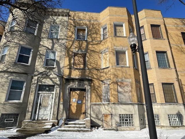 view of snow covered building