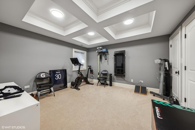 workout room featuring coffered ceiling, ornamental molding, and light colored carpet