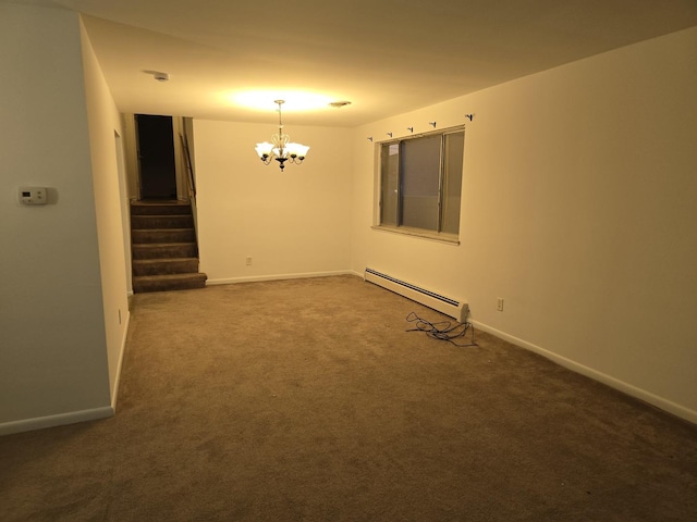 carpeted spare room with a notable chandelier and a baseboard radiator