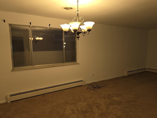 carpeted spare room featuring a baseboard heating unit and an inviting chandelier