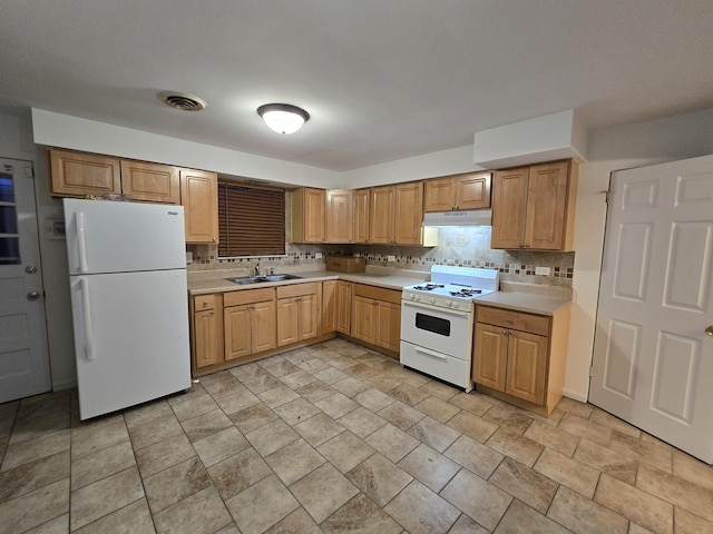 kitchen with sink, white appliances, and decorative backsplash