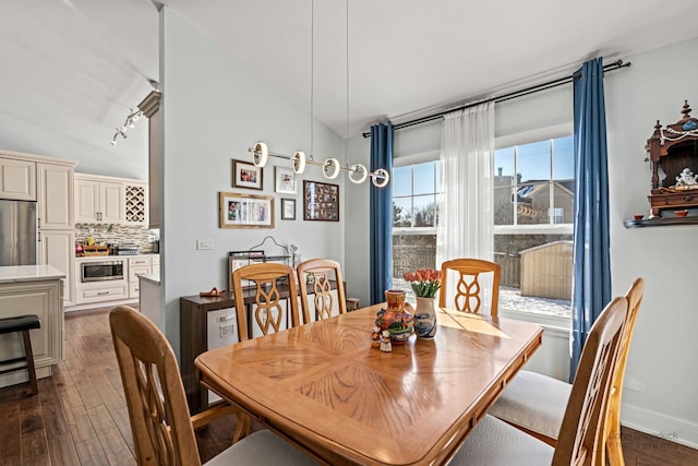 dining room featuring rail lighting, baseboards, and dark wood-type flooring