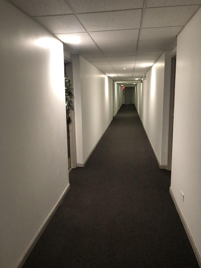 corridor with dark carpet and a paneled ceiling