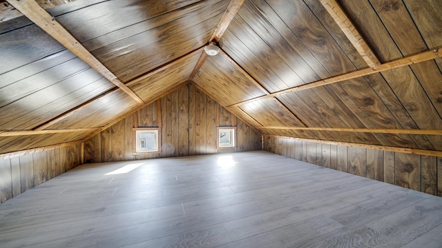 bonus room with hardwood / wood-style flooring, lofted ceiling, wood ceiling, and wood walls