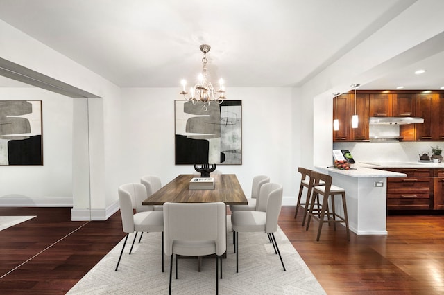 dining room featuring dark wood-style floors, recessed lighting, a notable chandelier, and baseboards