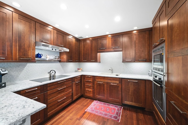 kitchen with appliances with stainless steel finishes, a sink, under cabinet range hood, and dark wood-style floors