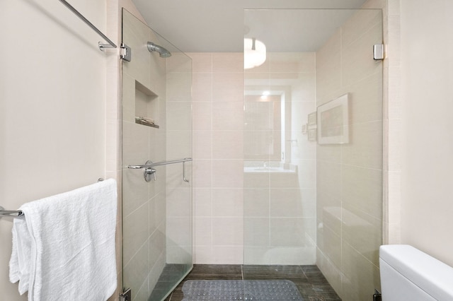 bathroom with a shower stall and toilet