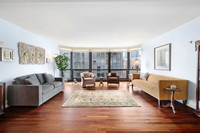 living room featuring expansive windows and dark wood-type flooring