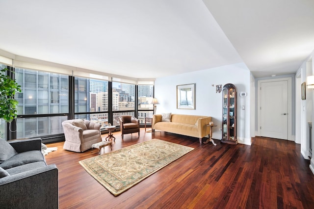 living room with baseboards, floor to ceiling windows, a city view, and wood finished floors