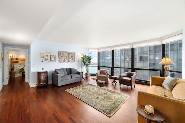 living room featuring expansive windows, baseboards, and wood finished floors