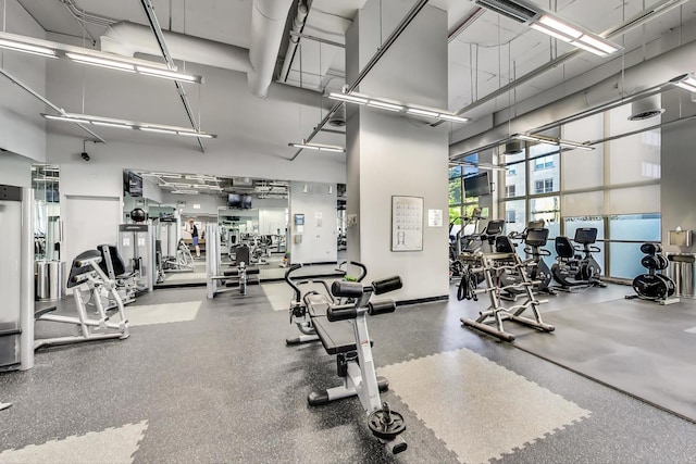 exercise room featuring a towering ceiling