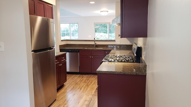 kitchen with sink, light hardwood / wood-style flooring, appliances with stainless steel finishes, dark stone countertops, and range hood