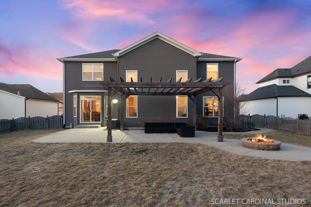 rear view of house featuring an outdoor fire pit, a fenced backyard, a patio, and a pergola