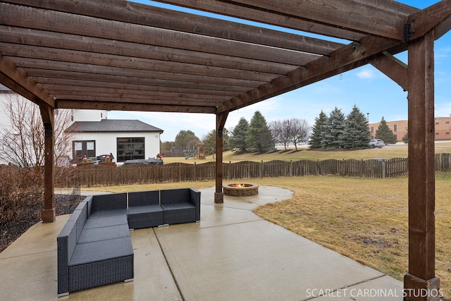 view of patio / terrace with an outdoor living space with a fire pit, fence, and a pergola