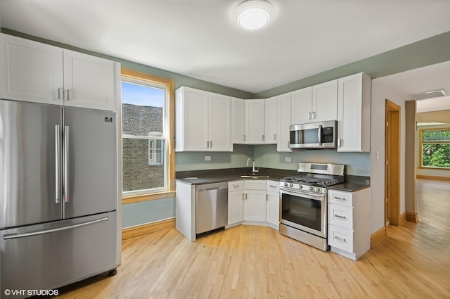 kitchen with stainless steel appliances, white cabinetry, sink, and light wood-type flooring