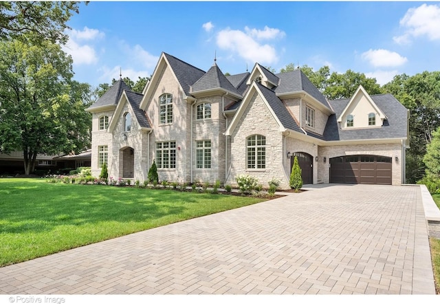 french country style house with a garage and a front yard