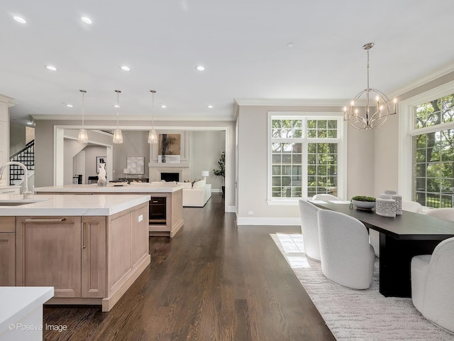 dining room featuring dark wood-type flooring, ornamental molding, and sink