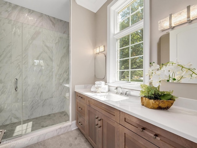 bathroom featuring vanity and walk in shower