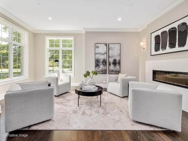 living room featuring crown molding, a wealth of natural light, and a high end fireplace