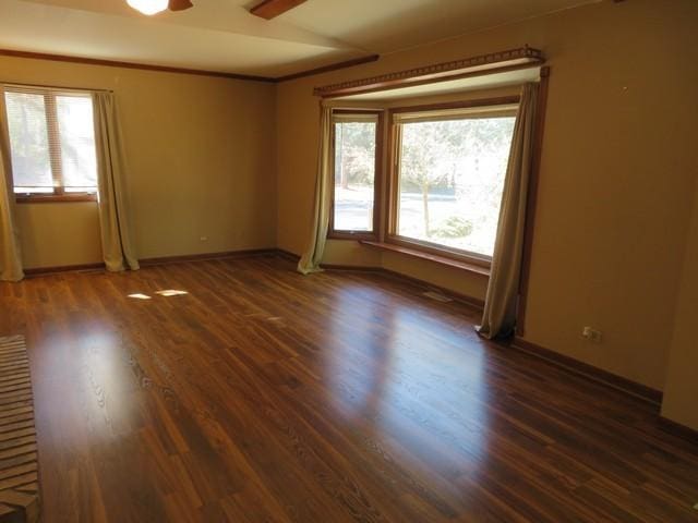 7623 288th Ave, Salem, WI 53168 - unfurnished room with dark hardwood / wood-style flooring, crown molding, and ceiling fan