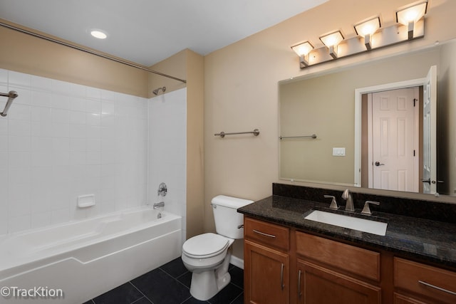 full bathroom featuring vanity,  shower combination, tile patterned floors, and toilet